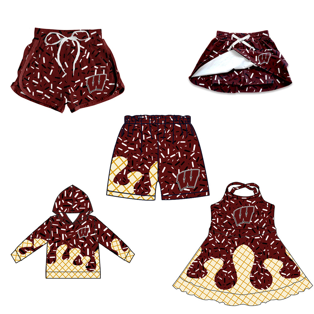 Custom moq 5 mix size milk silk baby girls clothes team brick red hooded long sleeve tops and skirt and dress and shorts 1 and shorts 2-25.7.3