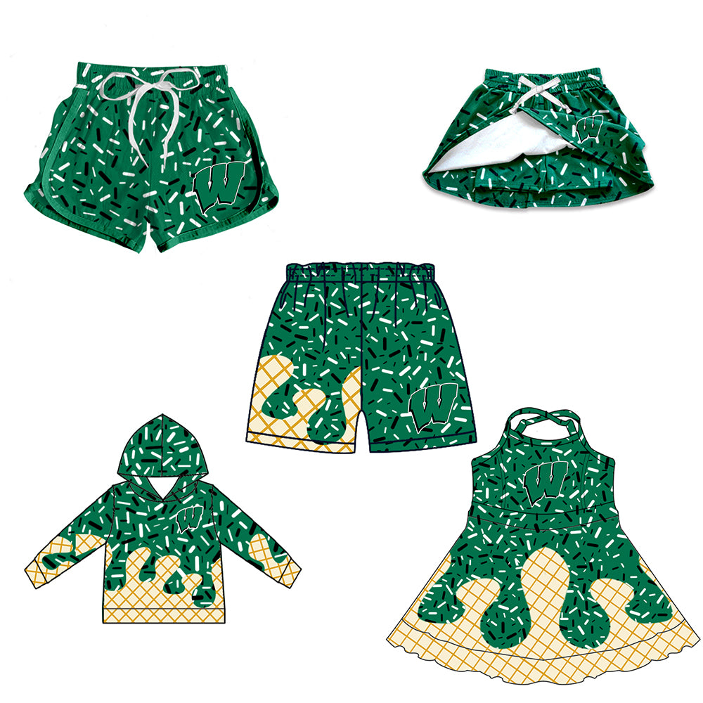 Custom moq 5 mix size milk silk baby girls clothes team green hooded long sleeve tops and skirt and dress and shorts 1 and shorts 2-25.7.5