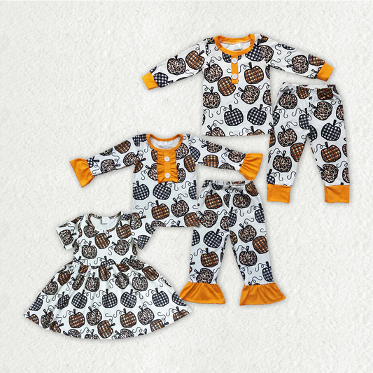 RTS NO MOQ PUMKIN Baby Girls Boys Fall Checked Pumpkins Sibling Dresses Pajamas Clothes Sets
