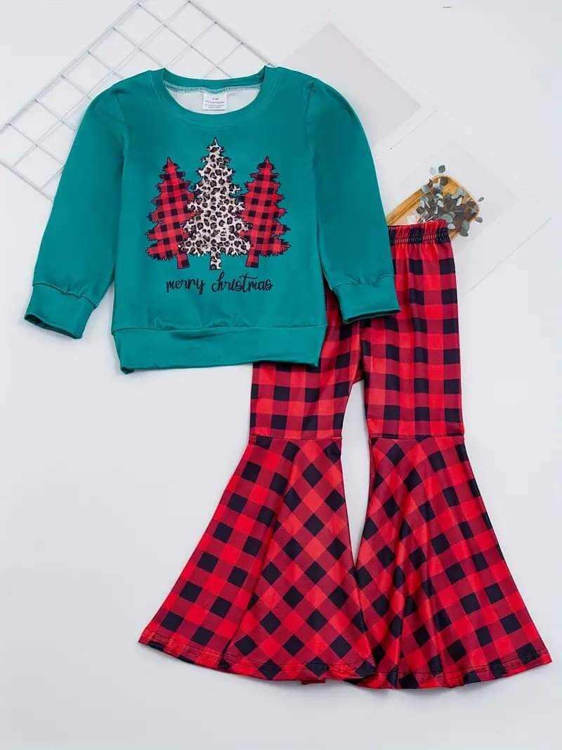 custom Girls christmas long sleeve long pants christmas tree print moq 5