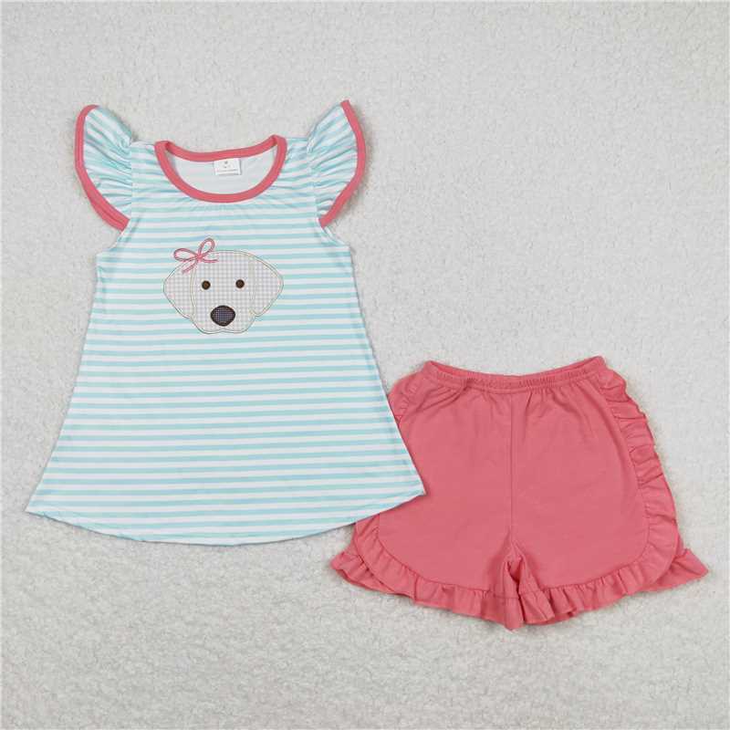 RTS Embroidered Puppy Blue Striped Fly Sleeve Pink Shorts Set