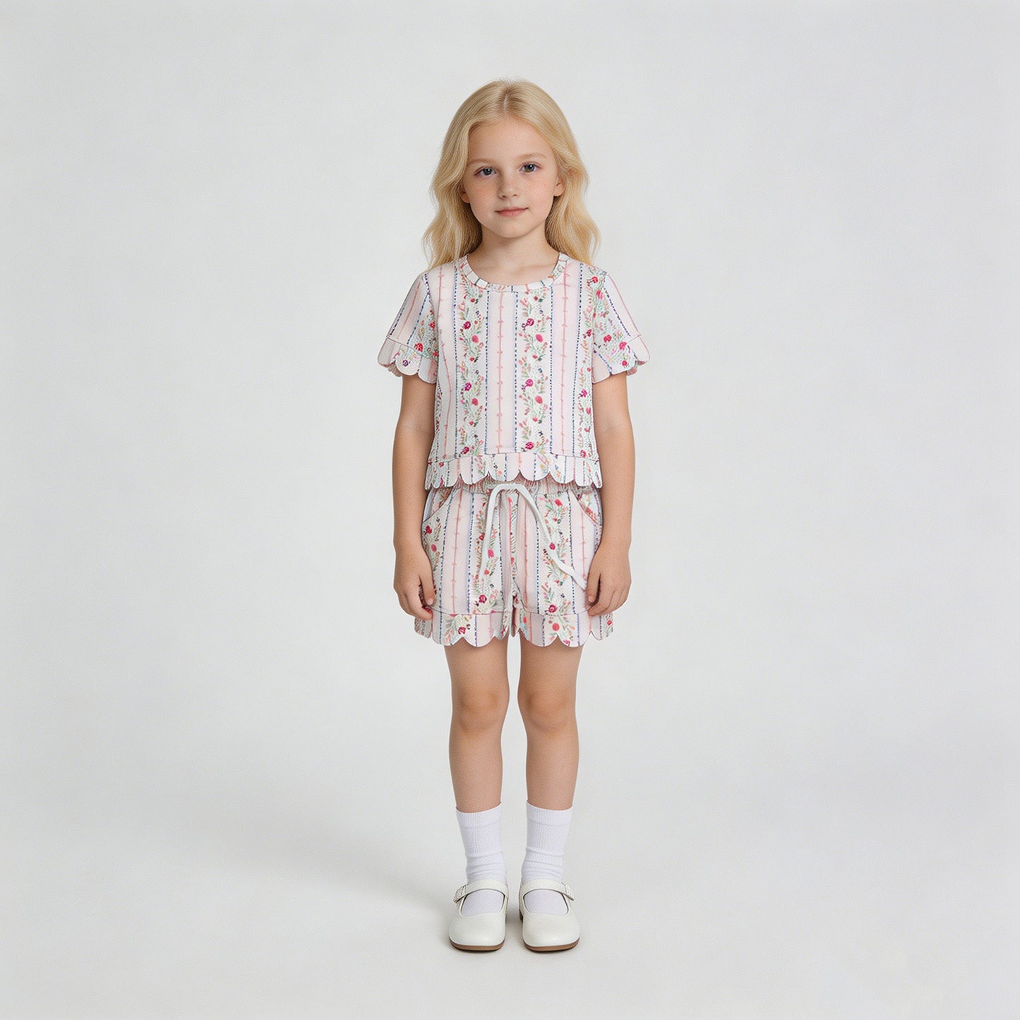 RTS NO MOQ milk silk GSSO3411 Baby Girls Floral Stripe Top With Pocket Scallop Shorts Summer Set