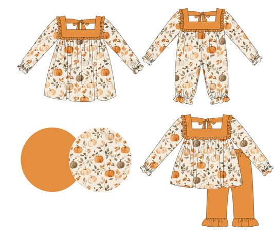25.6.17 custom each style moq 5eta 4-6week Sibling Sisters pumpkin baby girl long sleeve pants sets and dress and rompers match family design