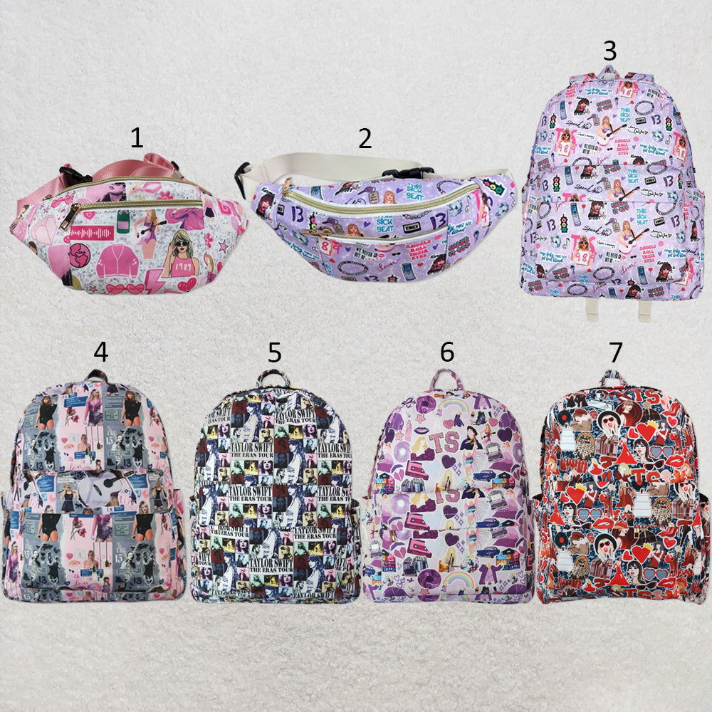 RTS NO MOQ Sibling milk silk Cute Clothes Baby Kids Purple Printed Strap Zip Backpack Bag pack bags