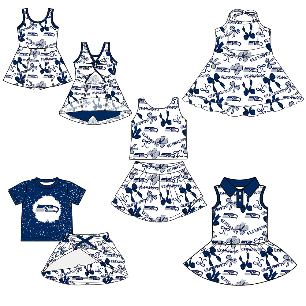 Custom moq 5 mix sizes summer teams baby girls clothes team blue short sleeve skirts shorts sets 1 and skirts sets 2 and and skirts sets 2 and dress 1 and dress 2 and dress 3 and dress 4-25.6.6