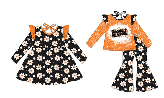 25.7.18 custom each style moq 5eta 4-6week Sibling Sisters floral SPOOKY baby girl long sleeve pants sets and dress match family design