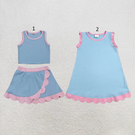 RTS NO MOQ Sibling cotton Baby Girls Pink Blue Sleeveless Vest And Scallop Hem Short Skirt Yoga Set Scallop Knee Length Dresses
