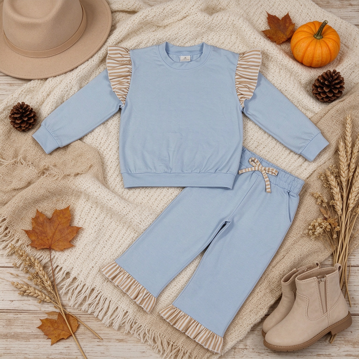 NEW RTS NO MOQ cotton GLP3696（GT1843+P1152）Baby Girls Light Blue Stripe Flutter Sleeve Top Pockets Ruffle Pant Clothes Set Cute Casual Outfit