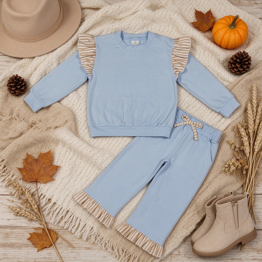 NEW RTS NO MOQ cotton GLP3696（GT1843+P1152）Baby Girls Light Blue Stripe Flutter Sleeve Top Pockets Ruffle Pant Clothes Set Cute Casual Outfit