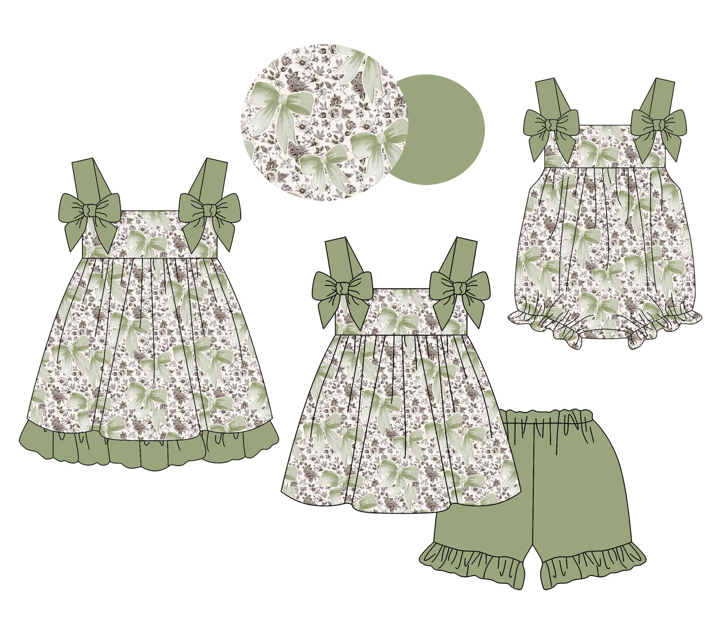 4.11 Custom moq 5 mix size Sibling Baby Girl's Green Bows Strap Top And Short Set Cute Romper Dress for Summer