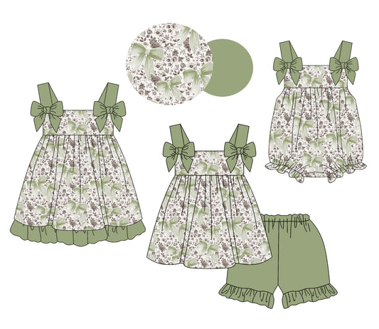 4.11 Custom moq 5 mix size Sibling Baby Girl's Green Bows Strap Top And Short Set Cute Romper Dress for Summer