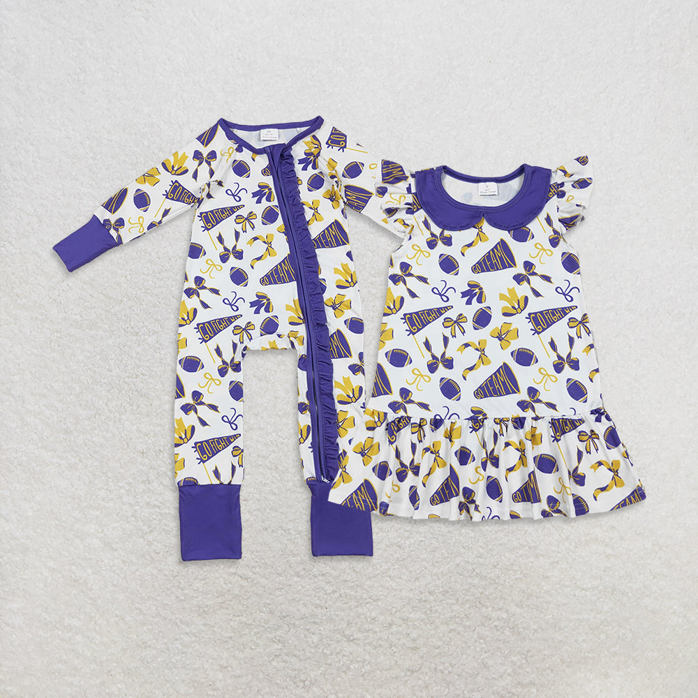 RTS NO MOQ Sibling baby girl clothes team cheer bow flying sleeve dress and romper