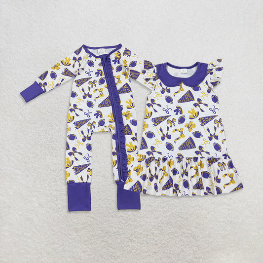 RTS NO MOQ Sibling baby girl clothes team cheer bow flying sleeve dress and romper