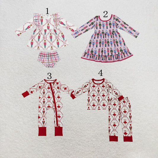 RTS NO MOQ Sibling Baby Girls Christmas Soldier Candy Cane Tunic Top Bummies Clothes Sets Romper Set