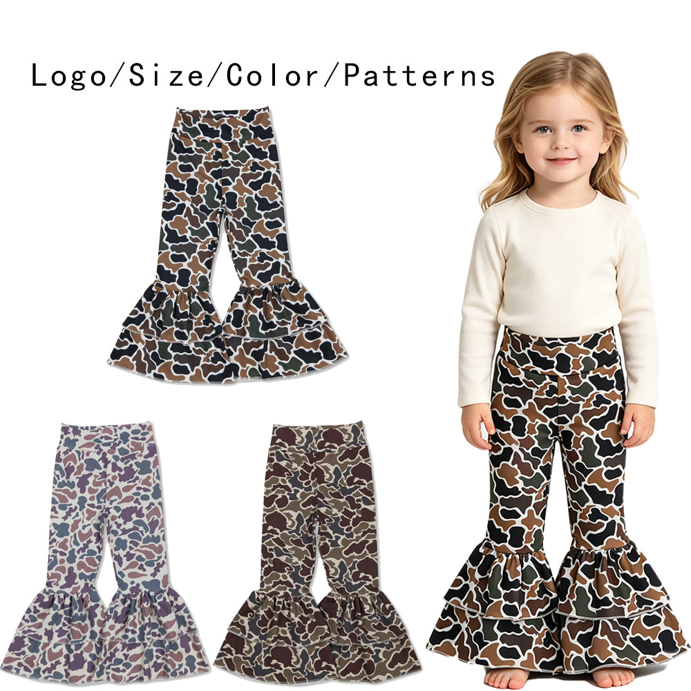 RTS NO MOQ Sibling yoga fabric Baby Girls Camo Print Yoga Active Ruffle Bell Bottom Pants