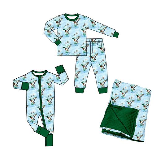 (Preorder new) No moq Baby Boys Ducks Plaid Long Sleeve Matching Pajamas Set Romper Blankets