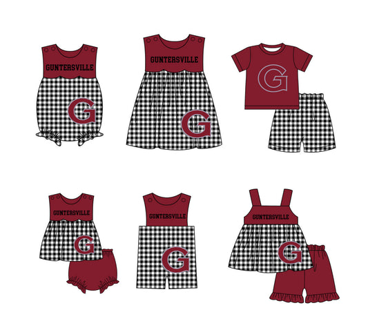 Custom moq 5 mix size milk silk summer teams baby girl boys clothes Red Black and white checkered short sleeve shorts sets 3 and dress and rompers 2 series