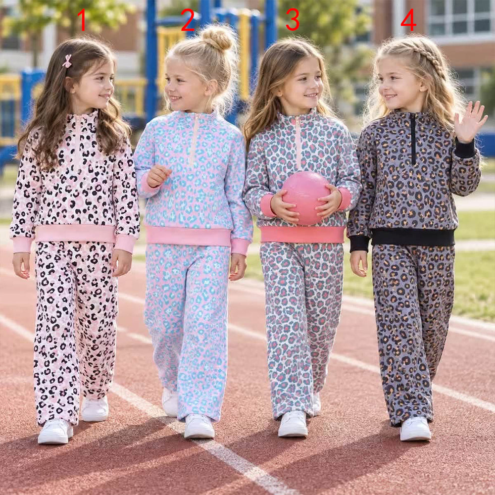 custom moq 5 mix size SETR0105 Baby Girls Colorful Leopard Print Quarter Zip Top and Wide Leg Pants Set