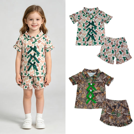 RTS NO MOQ Sibling milk silk Baby Girls Camo Bow Print Button Front Top Matching Ruffle Shorts Pajamas Clothes Set