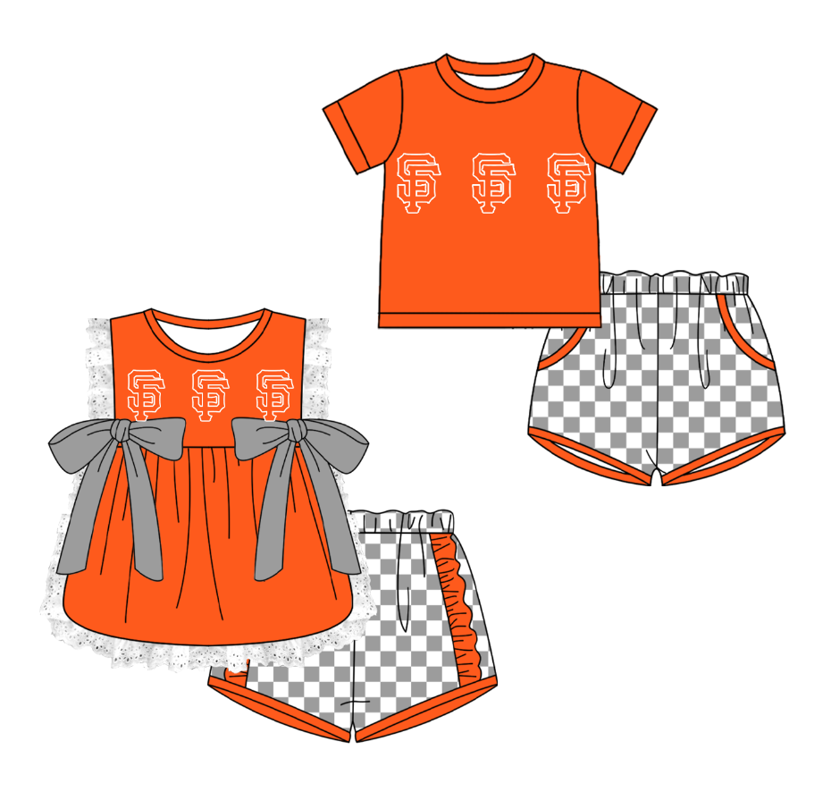 Custom moq 5 mix size milk silk summer teams Orange Girl Sleeveless Top And Plaid Shorts Set with Bow Boy Short Sleeved Top And Plaid Shorts Set
