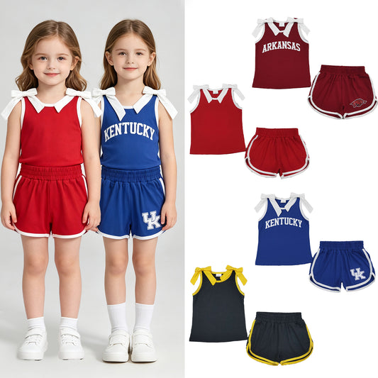 RTS NO MOQ Sibling milk silk Baby Girls Bow Sleeveless Top Matching Shorts Clothes Set