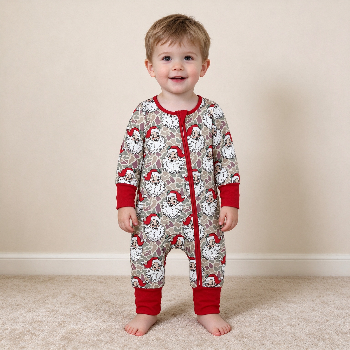NEW RTS NO MOQ milk silk LR3345 Baby Boys Khaki Camo Santa Christmas Long Sleeve Two Way Zip Convertible Cute Romper