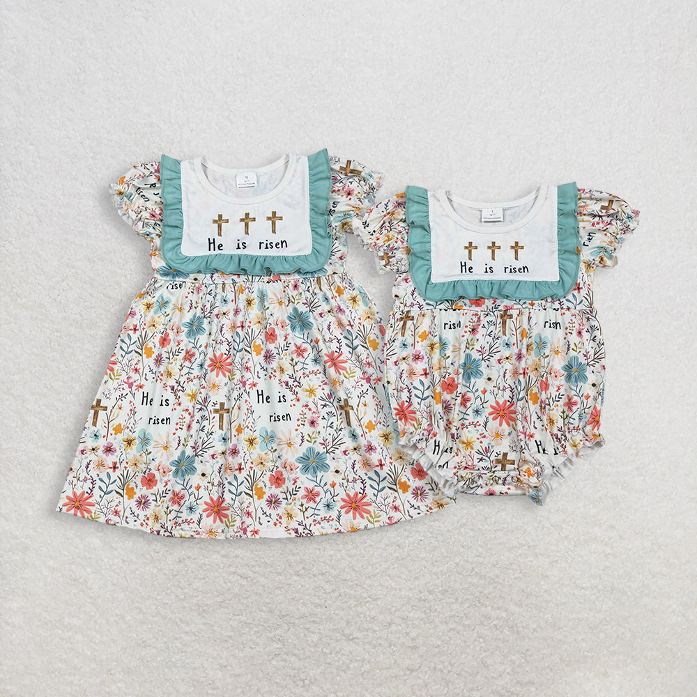 RTS NO MOQ sibling baby girls clothes easter floral short sleeve dress and rompers