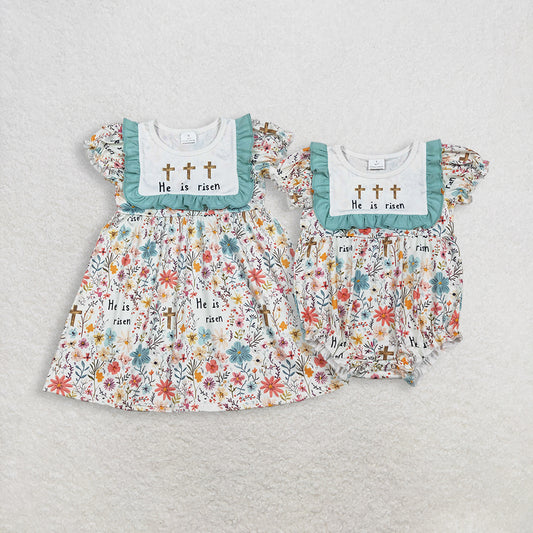 RTS NO MOQ sibling baby girls clothes easter floral short sleeve dress and rompers