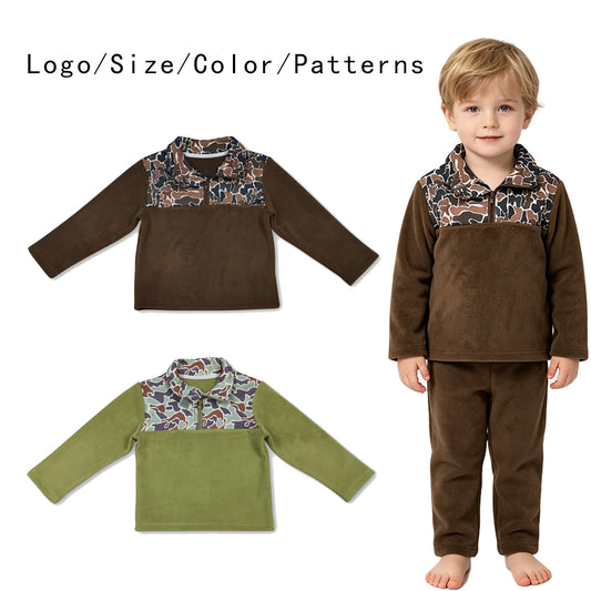 RTS NO MOQ Sibling milk silk Baby Boys Camo Fleece Quarter Zip Pullover Long Sleeve Top
