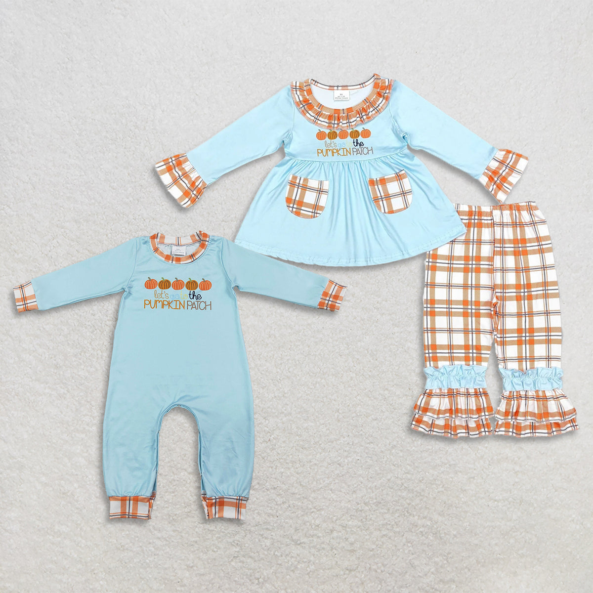RTS NO MOQ Sibling milk silk Baby Girls Blue Pumpkin Ruffle Top and Plaid Ruffle Pants Set Long Sleeve Romper