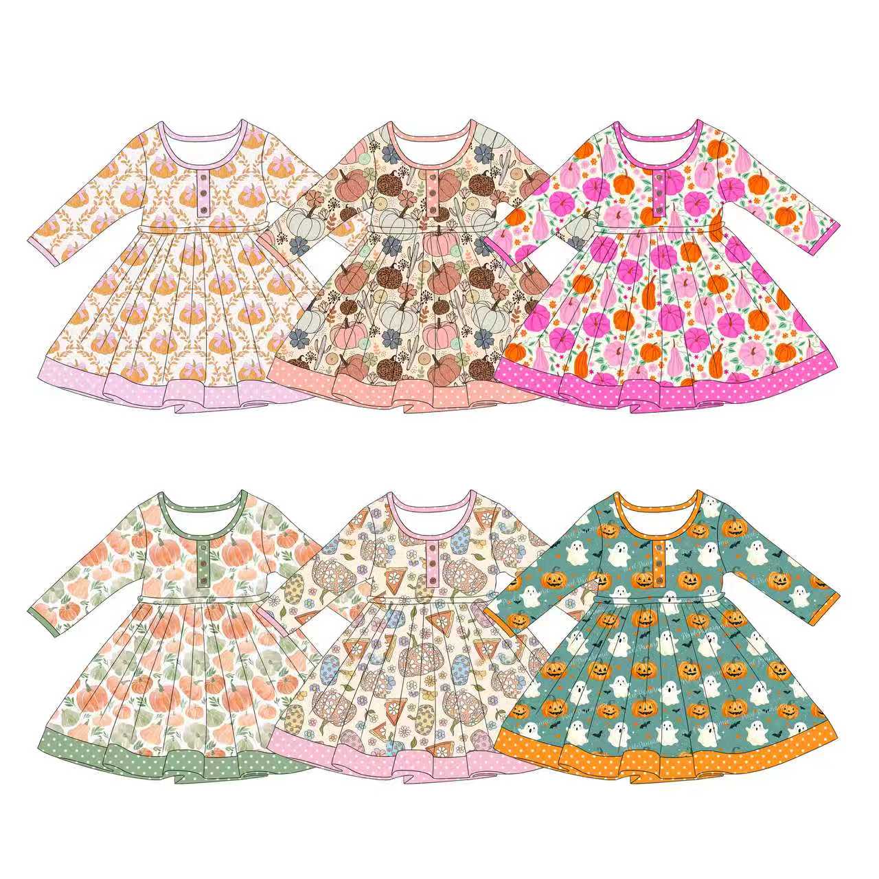 (Pre Order) No moq Baby Girls Cute Long Sleeve Bow Pumpkin Button Fall Dress