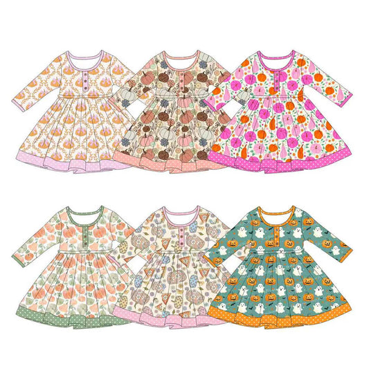 (Pre Order) No moq Baby Girls Cute Long Sleeve Bow Pumpkin Button Fall Dress