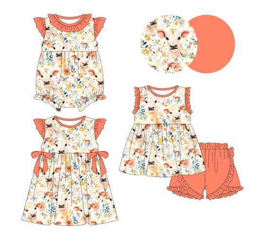 25.5.23 custom each style moq 5eta 4-6week Sibling Sisters cow floral baby girl short sleeve shorts sets and dress and rompers match family design