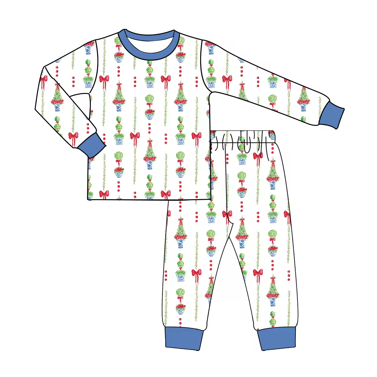 Custom moq 3 eta 6-8weeks Green Plant Bow Blue and White Long Suit