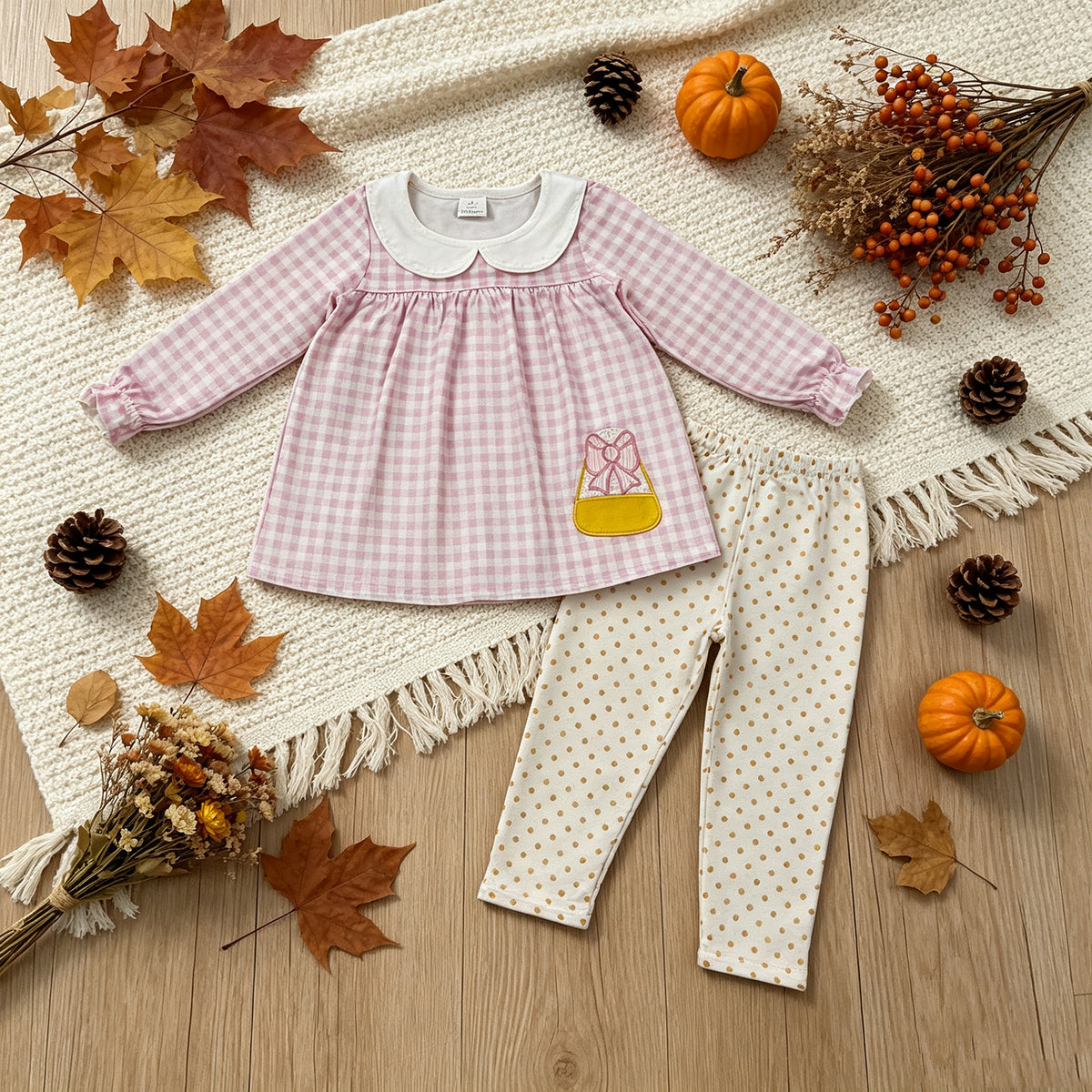 NEW RTS NO MOQ milk silk GLP3320 Embroidery Baby Girls Pink Checked Candy Collar Long Sleeve Tunic Top Leggings Halloween Outfit Set