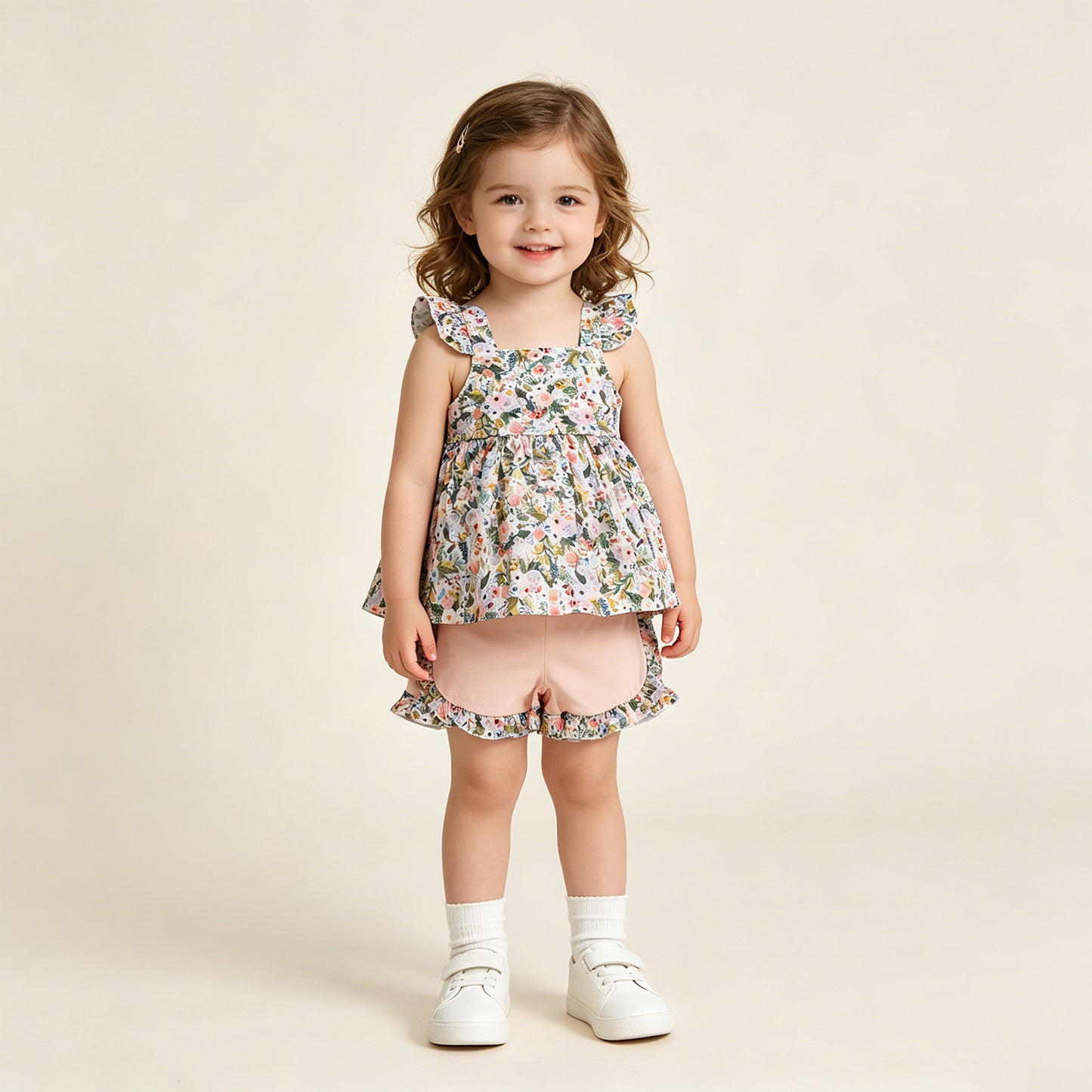 RTS NO MOQ milk silk GSSO2180 Baby Girls Colorful Flowers Flutter Sleeve Tunic Ruffle Shorts Sets