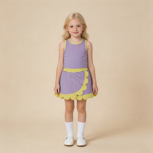 RTS NO MOQ yoga fabric cotton GSD4011 Baby Girls Lavender Yellow Vest Scallop Skirt Short Yoga Active Clothes Set