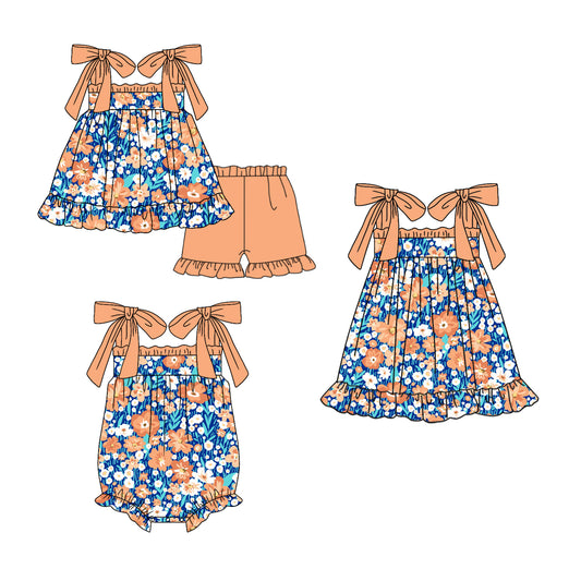 11.18 custom each style moq 5eta 4-6week Sibling Sister floral baby girl short sleeve shorts sets and dress and rompers match family design