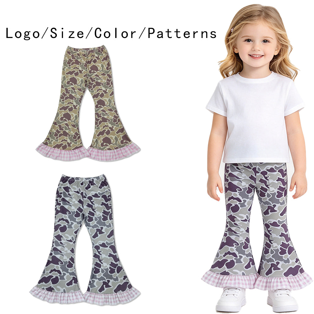 RTS NO MOQ Sibling milk silk Baby Girls Camo Print Bell Bottom Pants With Pink Gingham Ruffle Hem