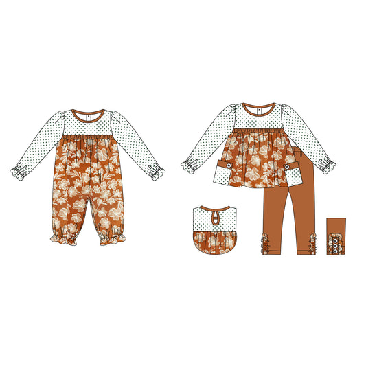 25.6.5 custom each style moq 5eta 4-6week Sibling Sisters floral baby girl long sleeve pants sets and rompers match family design