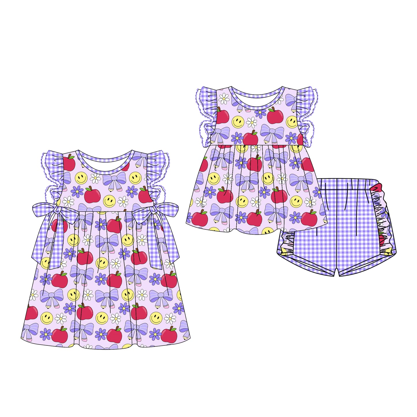 Custom moq 5 mix size Baby Girl's Purple Bow Pencil Print Short-Sleeved Dress Set with Shorts for Back to School