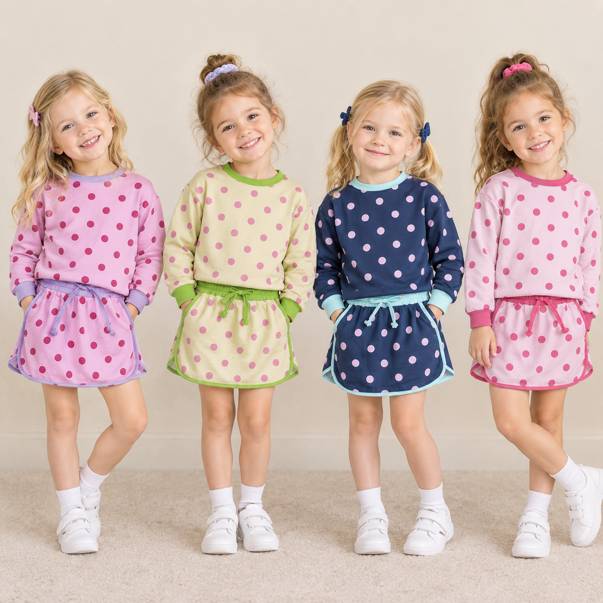 RTS NO MOQ Sibling milk silk Baby Girls Polka Dot Long Sleeve Top And Skort Matching Outfit Set