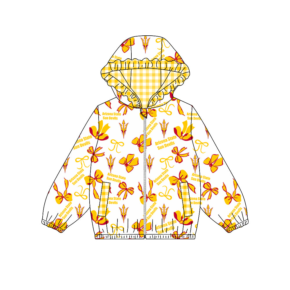 custom moq 5 mix size XFC070901 Baby Girls Bow Pocket Zip Team Print Long Sleeve Hoodie Casual Top