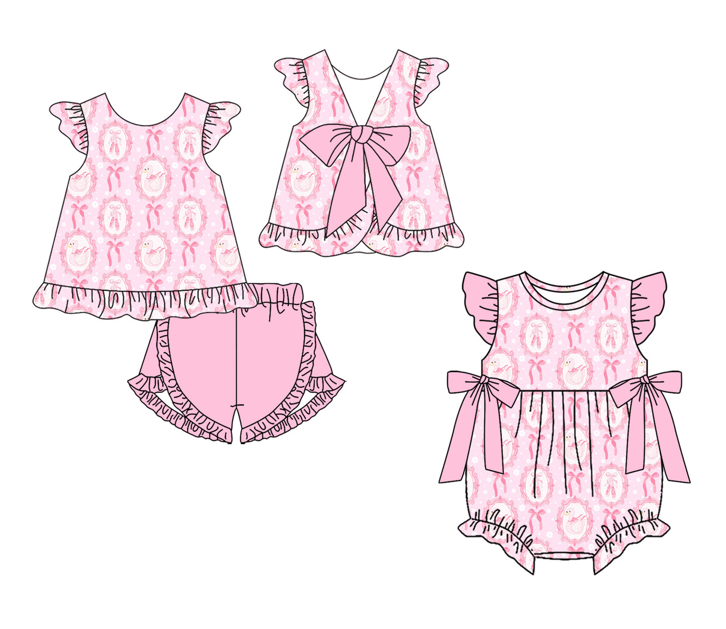 3.14 Custom moq 5 mix size Sibling Baby Girl's Pink Flutter-Sleeved Top And Pink Shorts Set with Matching Flutter-Sleeved Romper Outfit Set