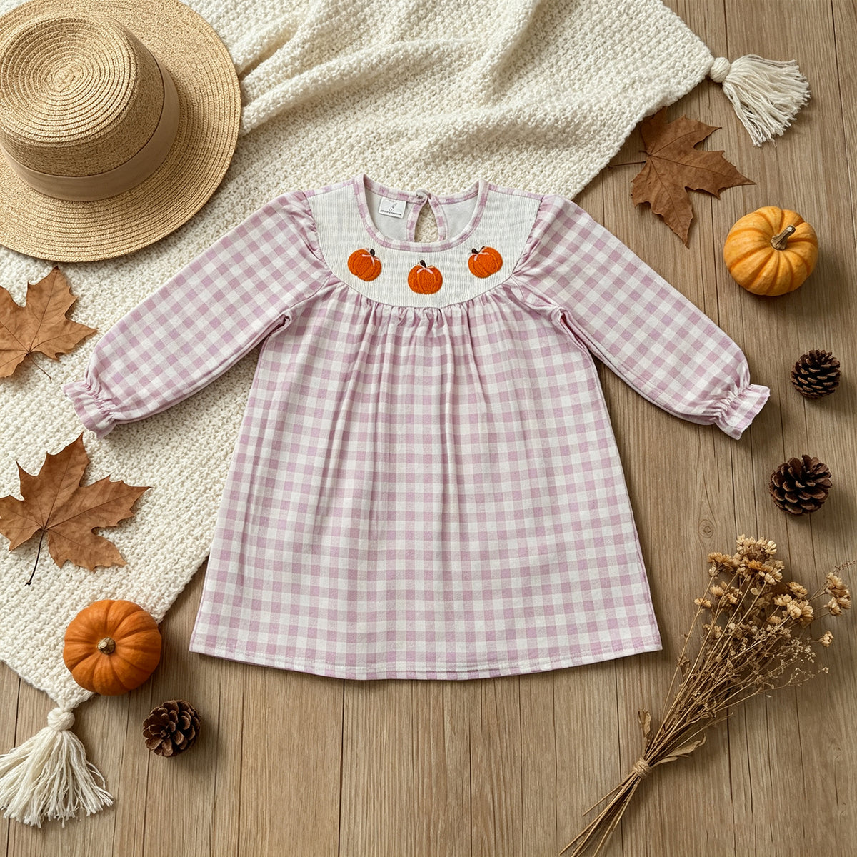 NEW RTS NO MOQ milk silk GLD1649 Smocked Baby Girls Fall Pink Checked Pumpkin Print Long Sleeve Knee Length Dress（3-6M-7-8T）