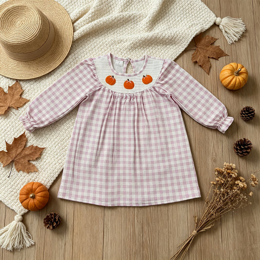 NEW RTS NO MOQ milk silk GLD1649 Smocked Baby Girls Pink Checked Pumpkin Print Long Sleeve Knee Length Dress（3-6M-7-8T）
