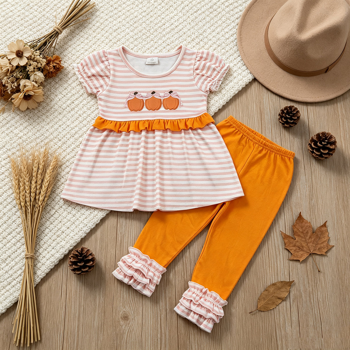 NEW RTS NO MOQ milk silk GSPO2337  Embroidery Baby Girls Bow Pumpkin Print Stripe Long Sleeve Tunic Top Ruffle Pant Set