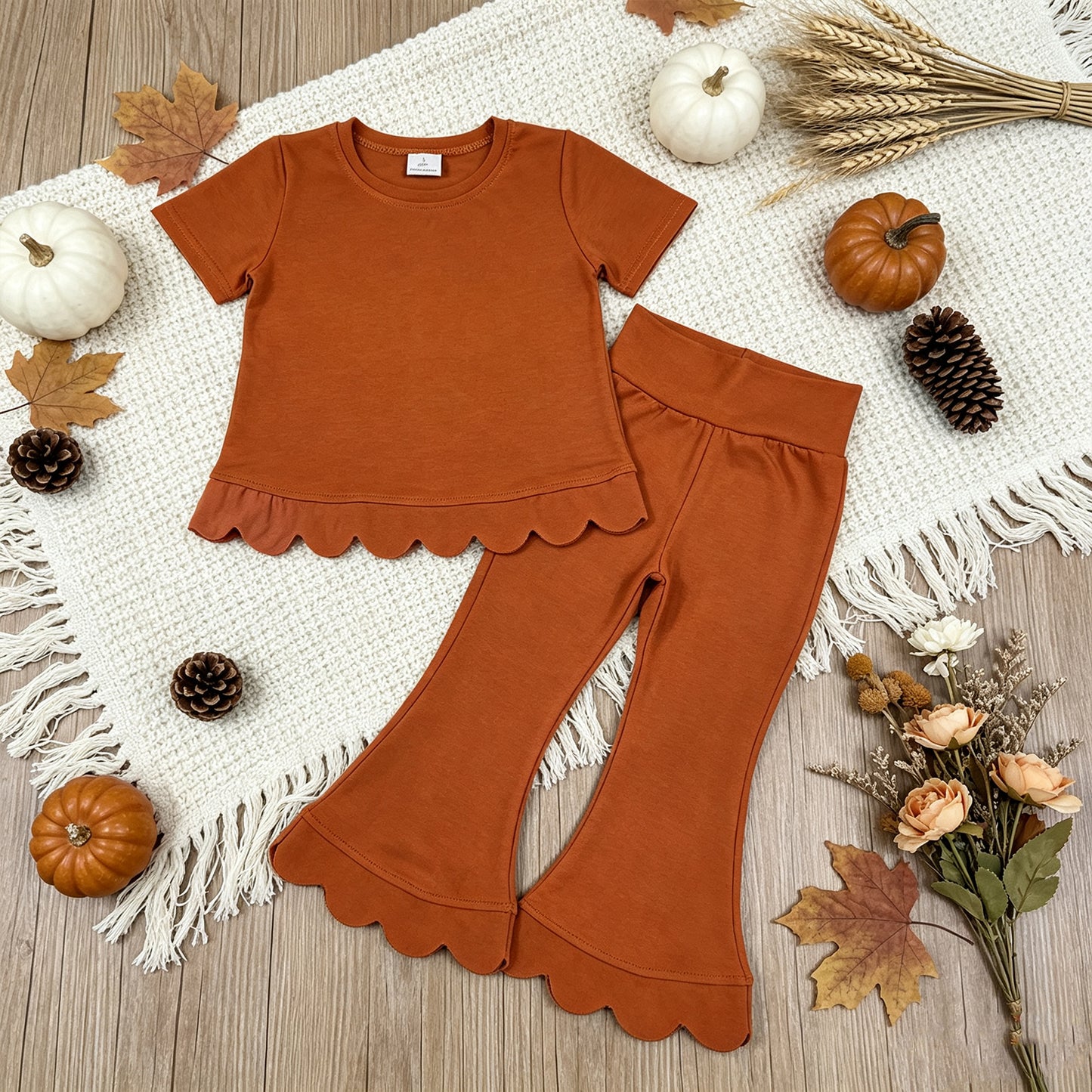 NEW RTS NO MOQ cotton GSPO2345（GT1775+P1083）Baby Girls Short Sleeve Shirts Top Flare Pant Scallop Sets