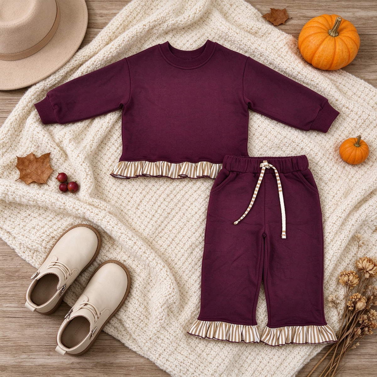NEW RTS NO MOQ cotton GLP3647 Sweatshirt Material Kids Girls Maroon Long Sleeve Top Pockets Pants Sweatshirt Set