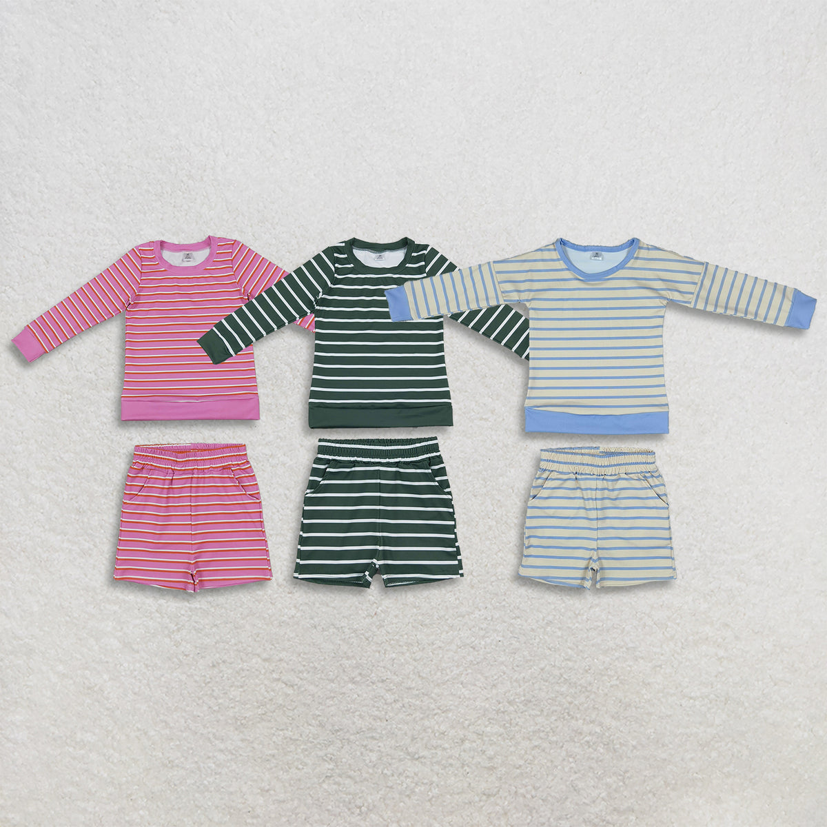 RTS NO MOQ Sibling yoga fabric Baby Girls Striped Long Sleeve Top And Pocket Shorts Yoga Outfit